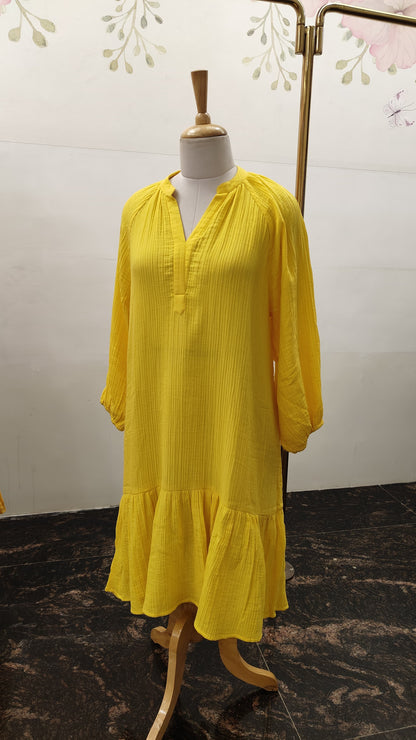 Cotton Crinkled Fabric Dress, Balloon Sleeves (Knee Length)