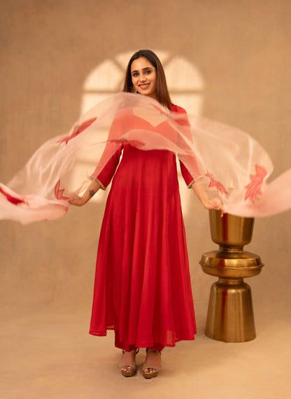 Deep Fuchsia Pink Anarkali Suit with Parallel Pants & Dupatta