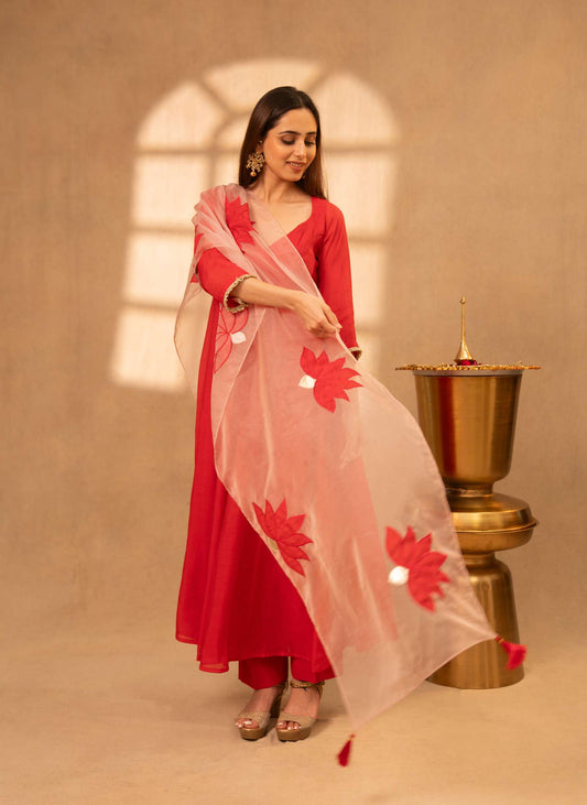 Deep Fuchsia Pink Anarkali Suit with Parallel Pants & Dupatta