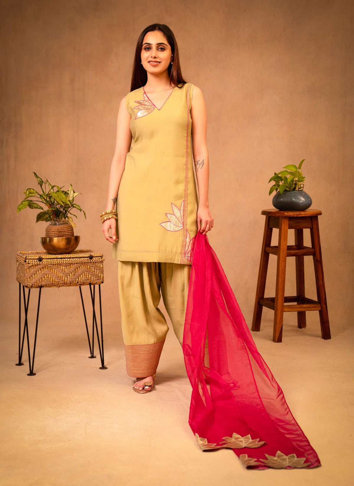 Sage Green & Hot Pink Farshi Salwar Set with Dupatta