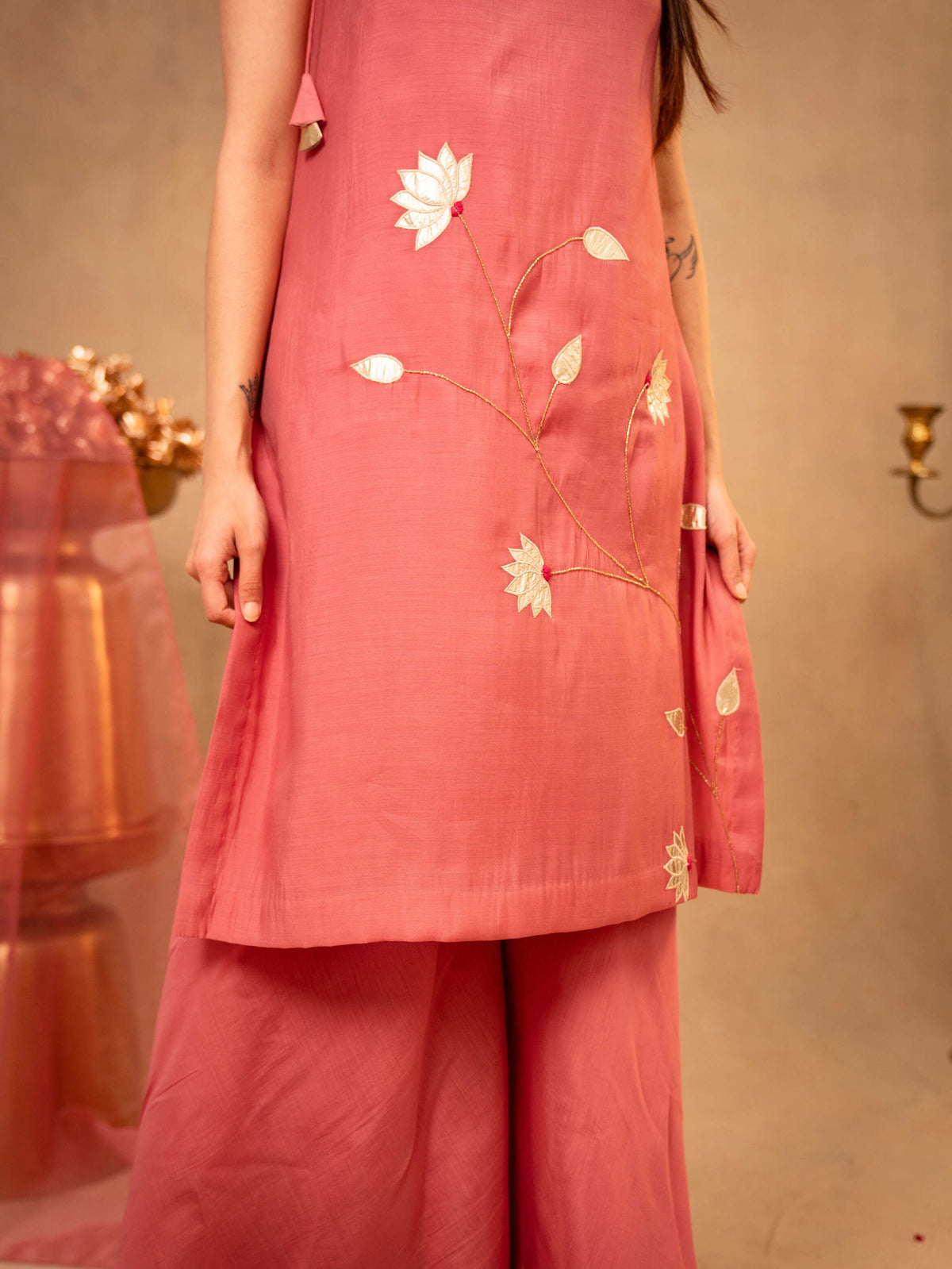 Blush Pink Noodle Strap Sharara Set with Dupatta