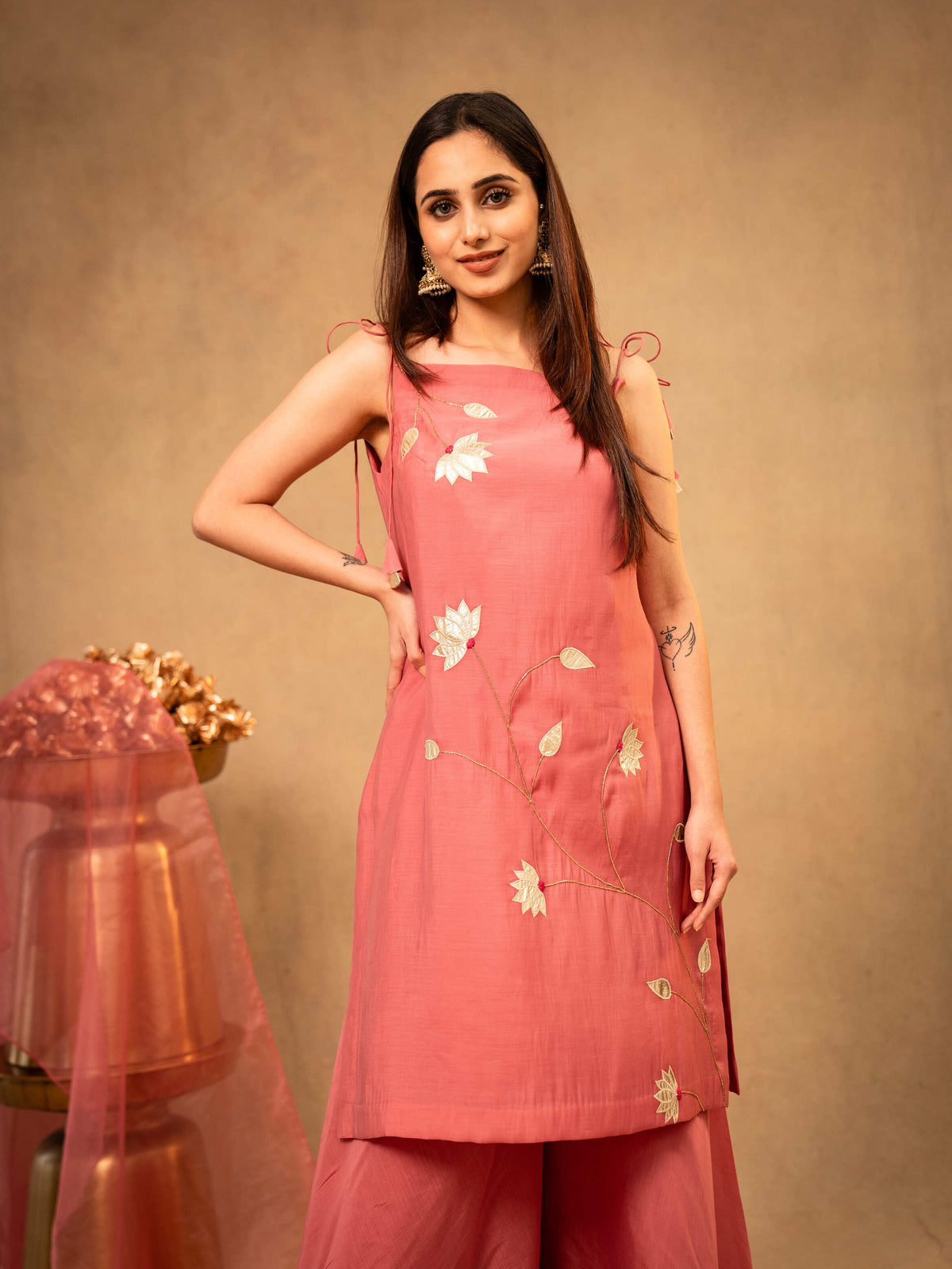 Blush Pink Noodle Strap Sharara Set with Dupatta