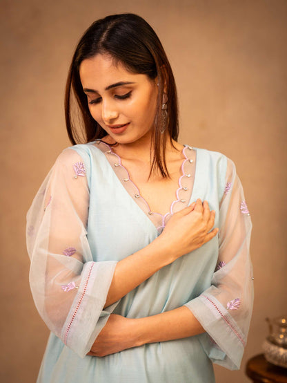 Sky Blue & Mauve Suit with Organza Dupatta