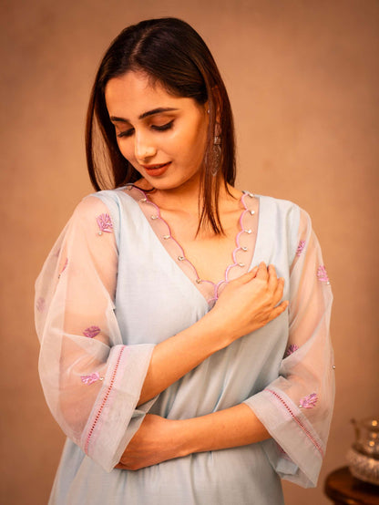 Sky Blue & Mauve Suit with Organza Dupatta
