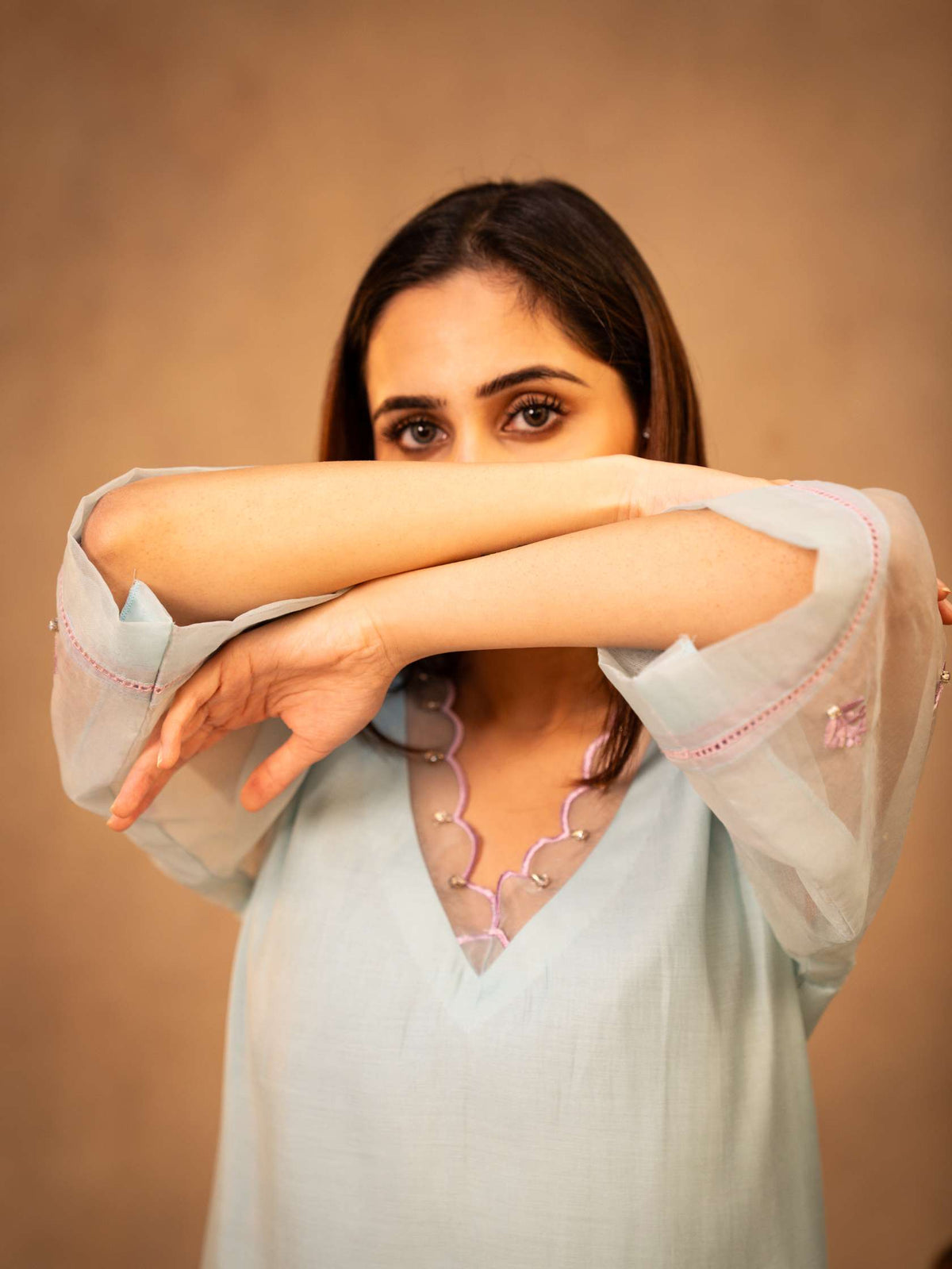 Sky Blue & Mauve Suit with Organza Dupatta