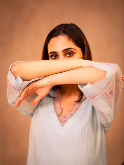 Sky Blue & Mauve Suit with Organza Dupatta