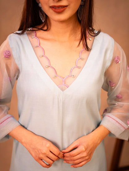 Sky Blue & Mauve Suit with Organza Dupatta
