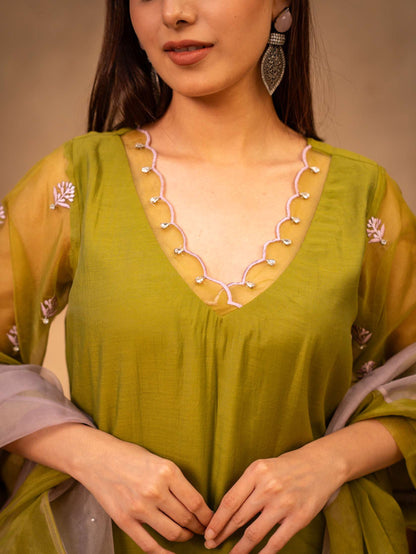Mauve & Forest Green Suit with Organza Dupatta