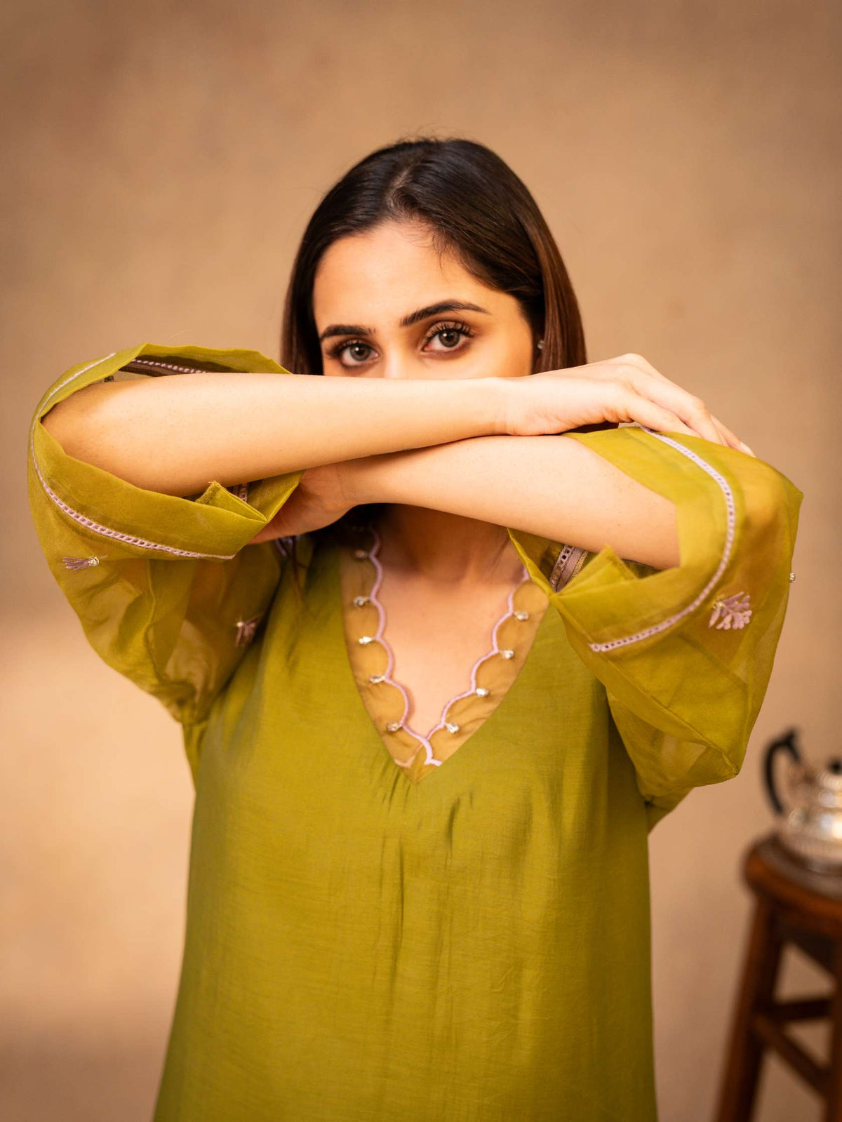 Mauve & Forest Green Suit with Organza Dupatta