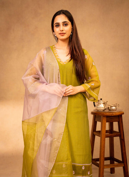 Mauve & Forest Green Suit with Organza Dupatta