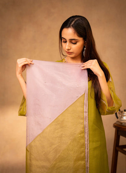 Mauve & Forest Green Suit with Organza Dupatta