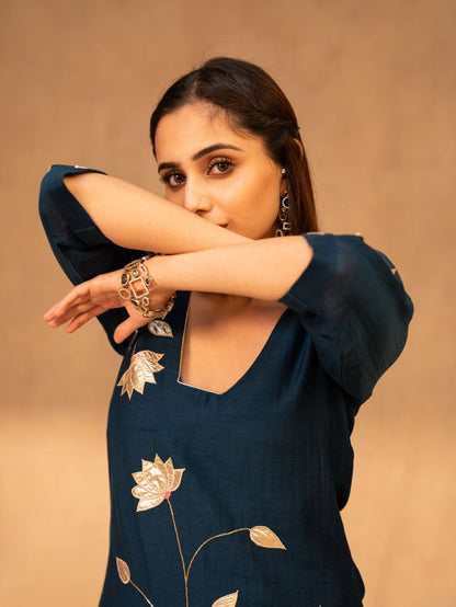 Navy Blue Sharara Set with Short Kurta & Dupatta
