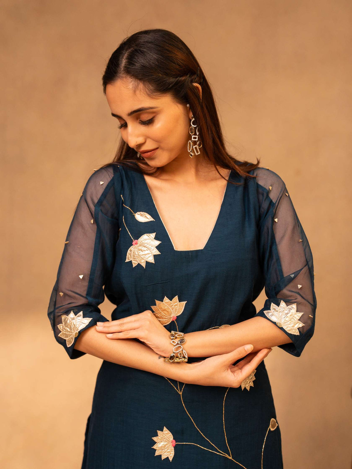 Navy Blue Sharara Set with Short Kurta & Dupatta