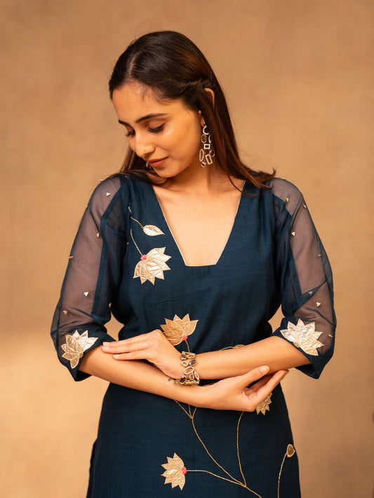Midnight Blue Sharara Set with Short Kurta & Dupatta