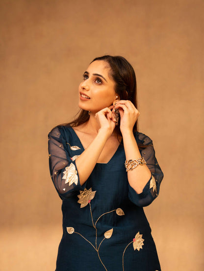Navy Blue Sharara Set with Short Kurta & Dupatta