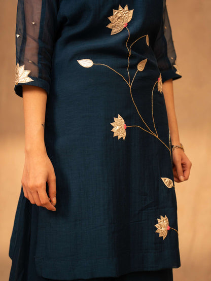 Navy Blue Sharara Set with Short Kurta & Dupatta