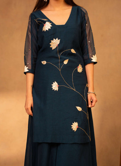 Navy Blue Sharara Set with Short Kurta & Dupatta