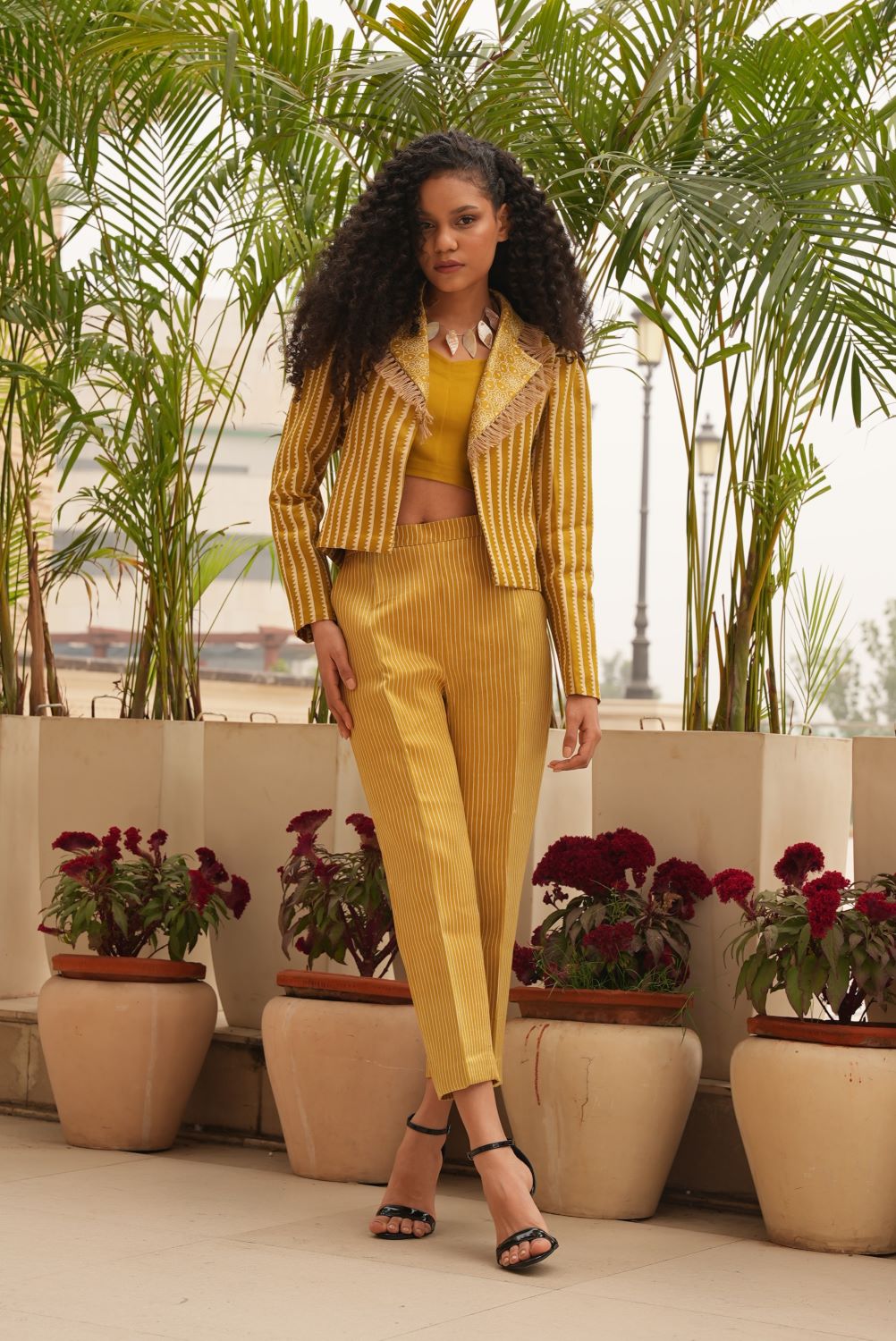 Fringe Flair & Stripes 3 Piece Cropped Pant & Blazer Set - Label Sakshi Nayyar