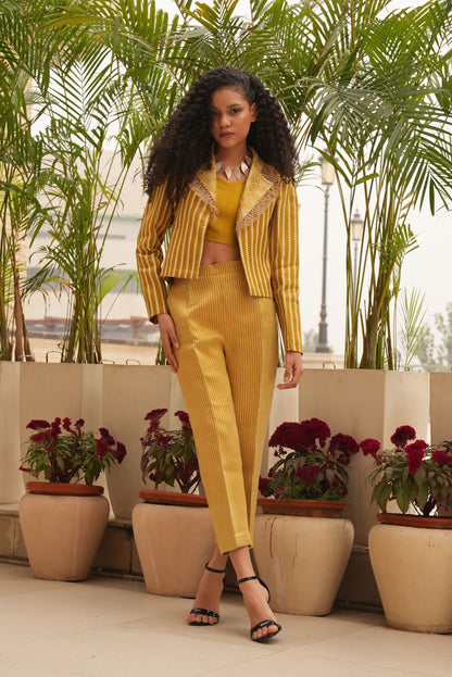 Fringe Flair & Stripes 3 Piece Cropped Pant & Blazer Set - Label Sakshi Nayyar