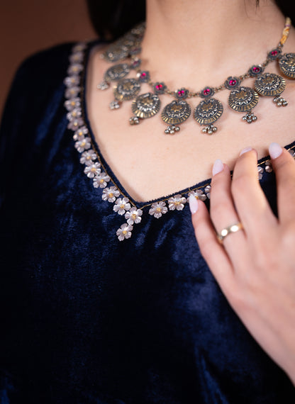 Midnight Blue Velvet Embellished Set