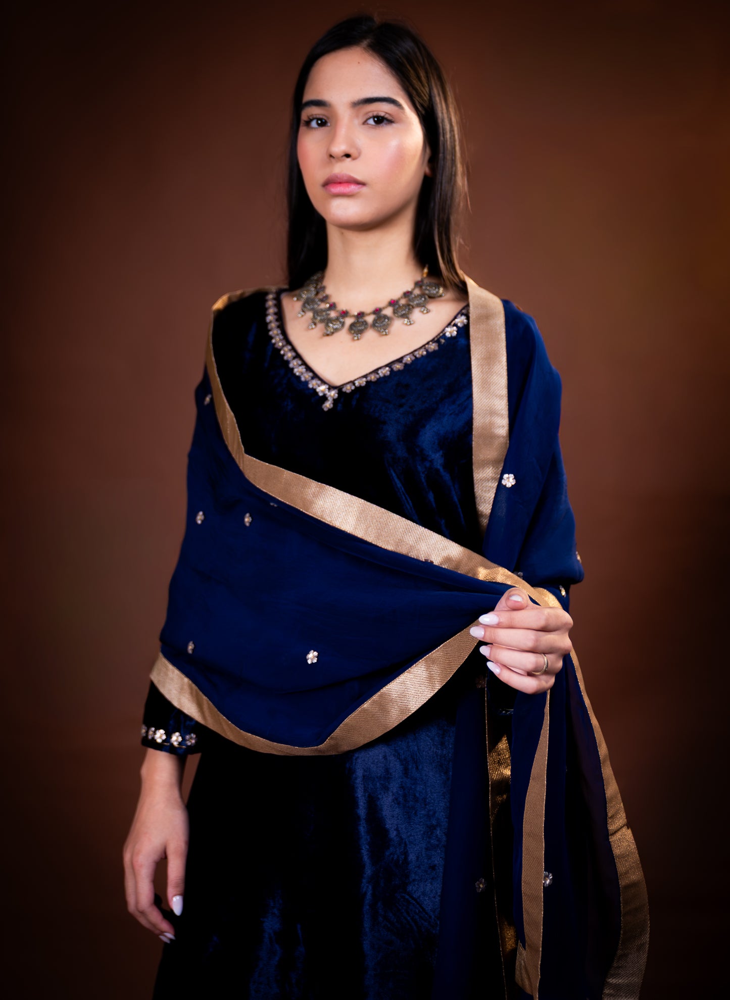 Midnight Blue Velvet Embellished Set