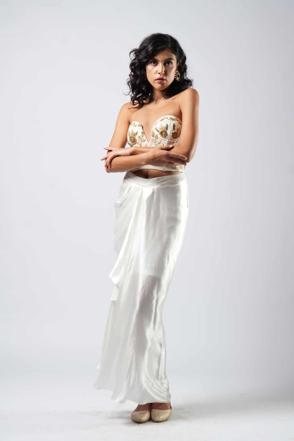 White Silk Drape Skirt & Corset With Golden Zardosi Handwork