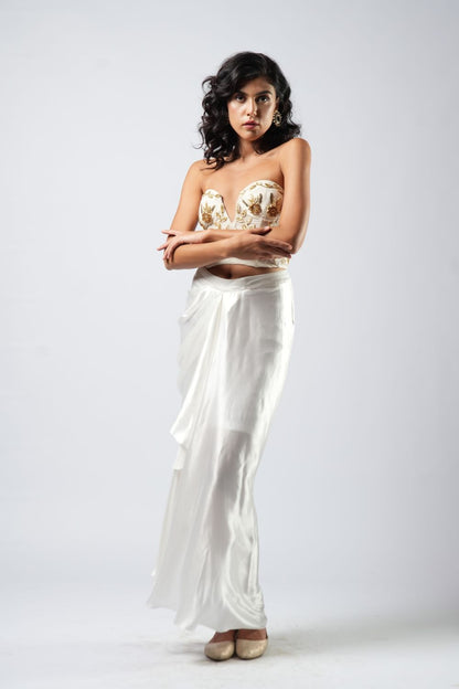 White Silk Drape Skirt & Corset With Golden Zardosi Handwork