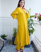 Mustard Yellow Crinkled Cotton Kurta Set