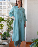 Dusty Aqua Crinkled Cotton Kurta Set