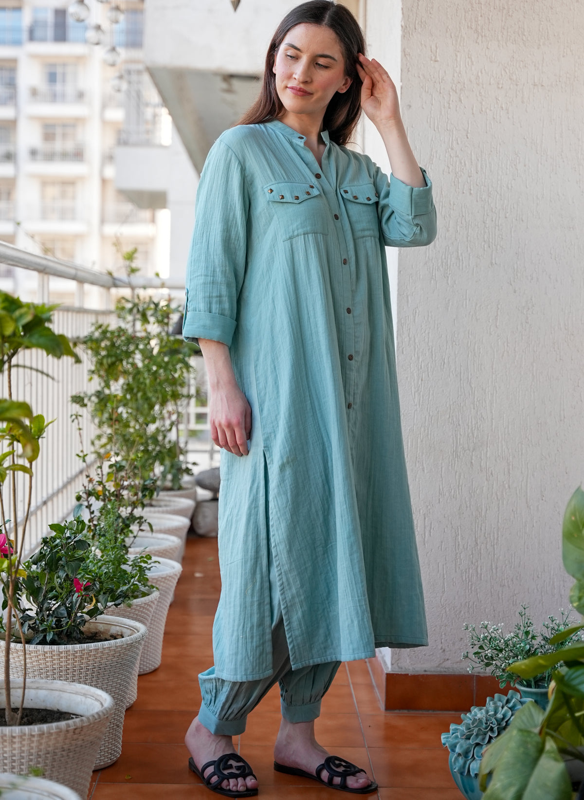 Crinkled Cotton Kurta Pant Set