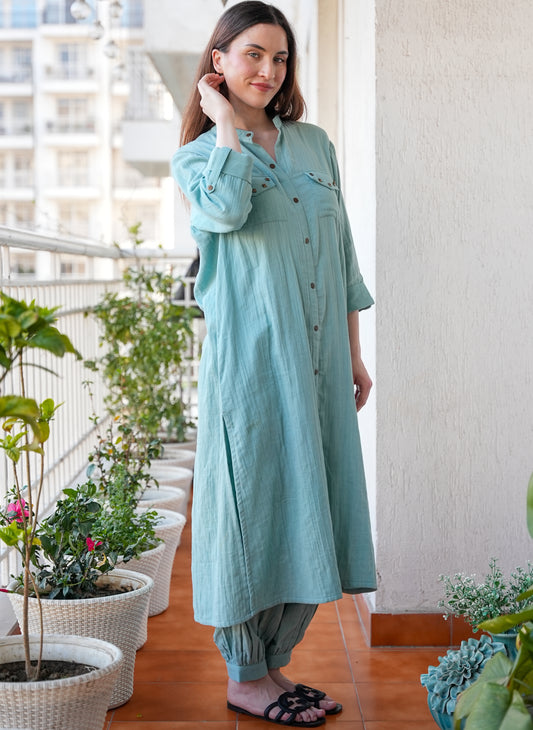 Dusty Aqua Crinkled Cotton Kurta Set