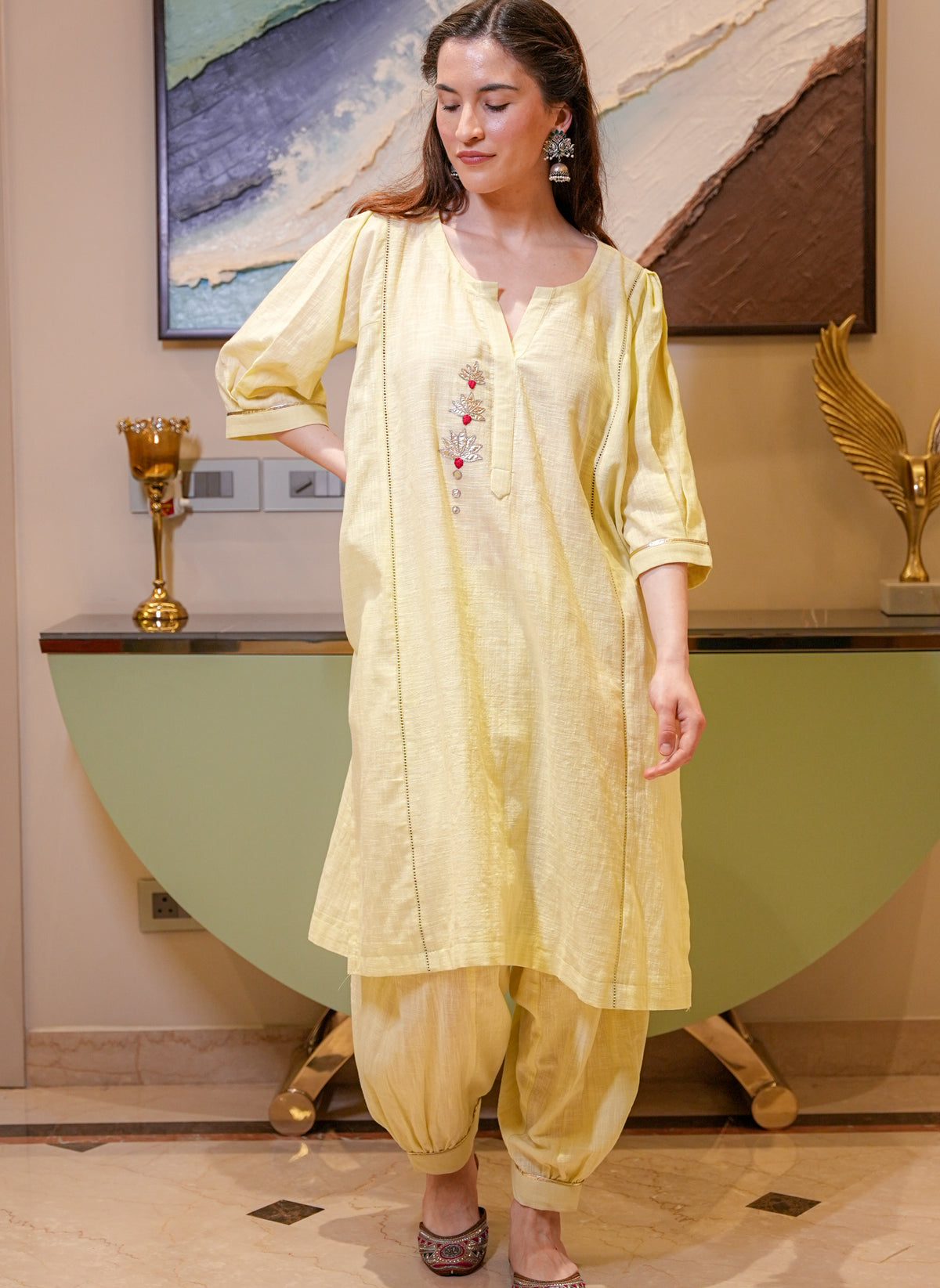 Cotton Linen Lotus Kurta Set