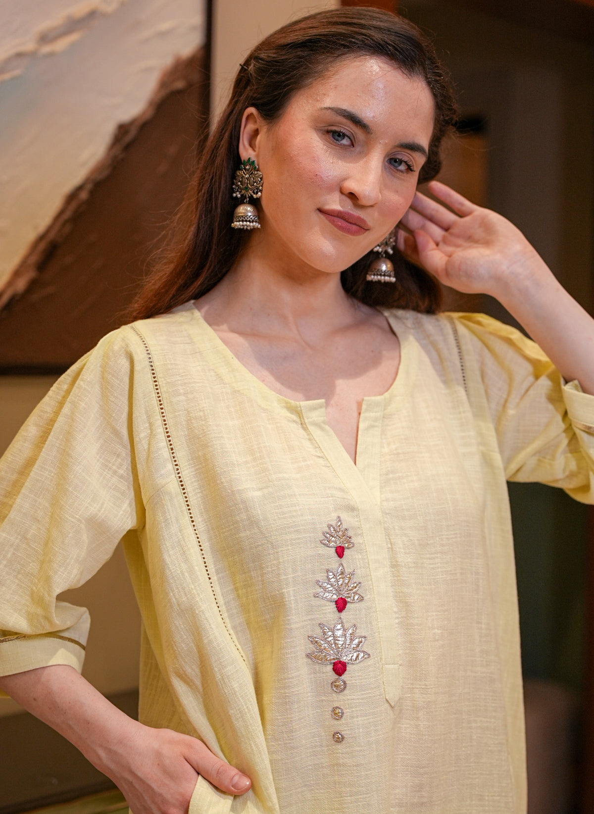 Cotton Linen Lotus Kurta Set