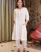 White Cotton Linen Lotus Kurta Set