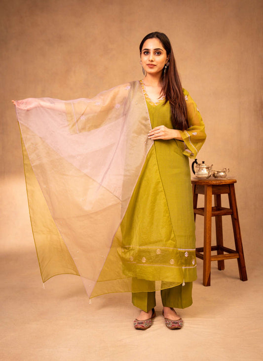Mauve & Forest Green Suit with Organza Dupatta