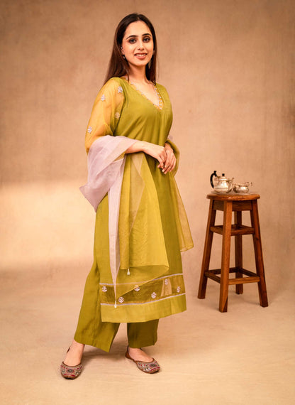 Mauve & Forest Green Suit with Organza Dupatta