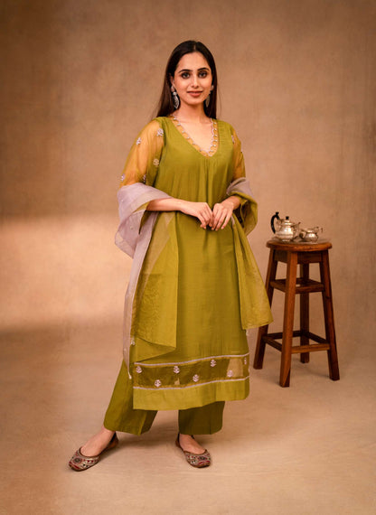 Mauve & Forest Green Suit with Organza Dupatta