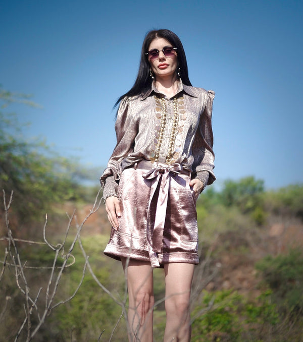 Tailored Blouse & Signature Shorts - Bronze - Label Sakshi Nayyar