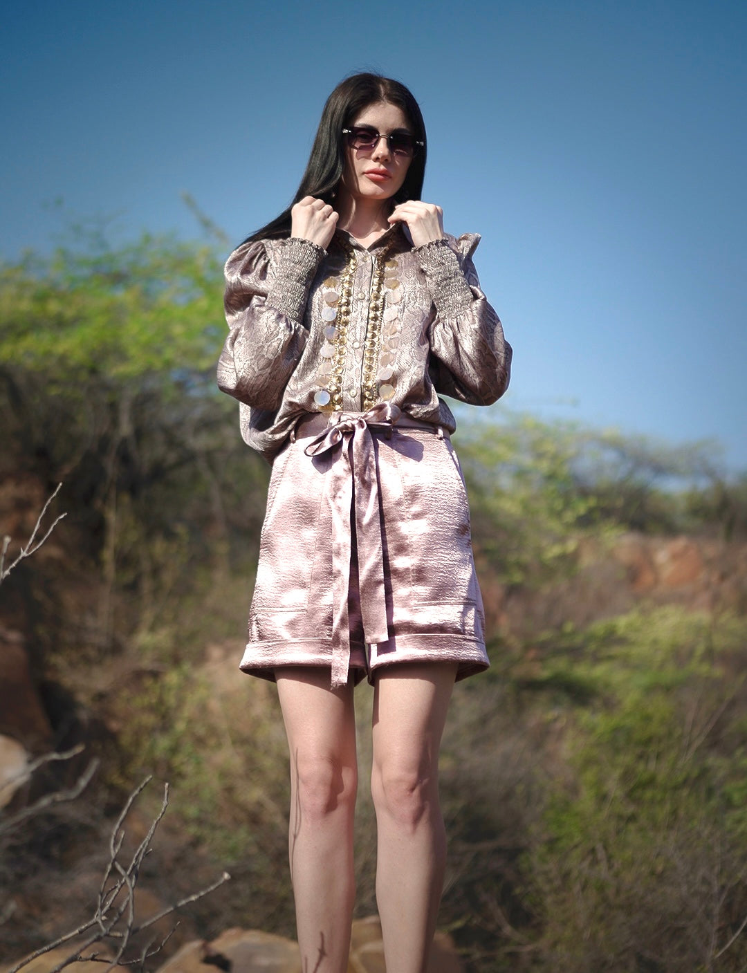 Tailored Blouse & Signature Shorts - Bronze - Label Sakshi Nayyar