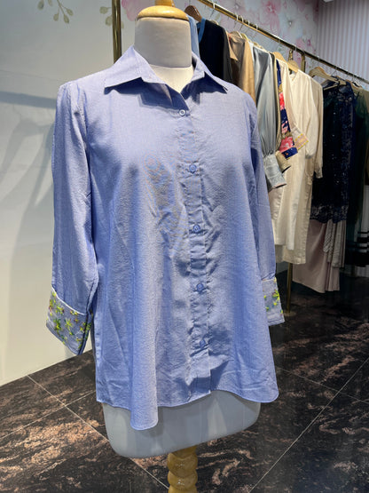 Full Sleeves Striped Cotton Shirt With Embroidered Sleeves