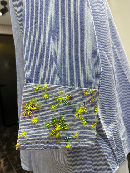 Full Sleeves Striped Cotton Shirt With Embroidered Sleeves