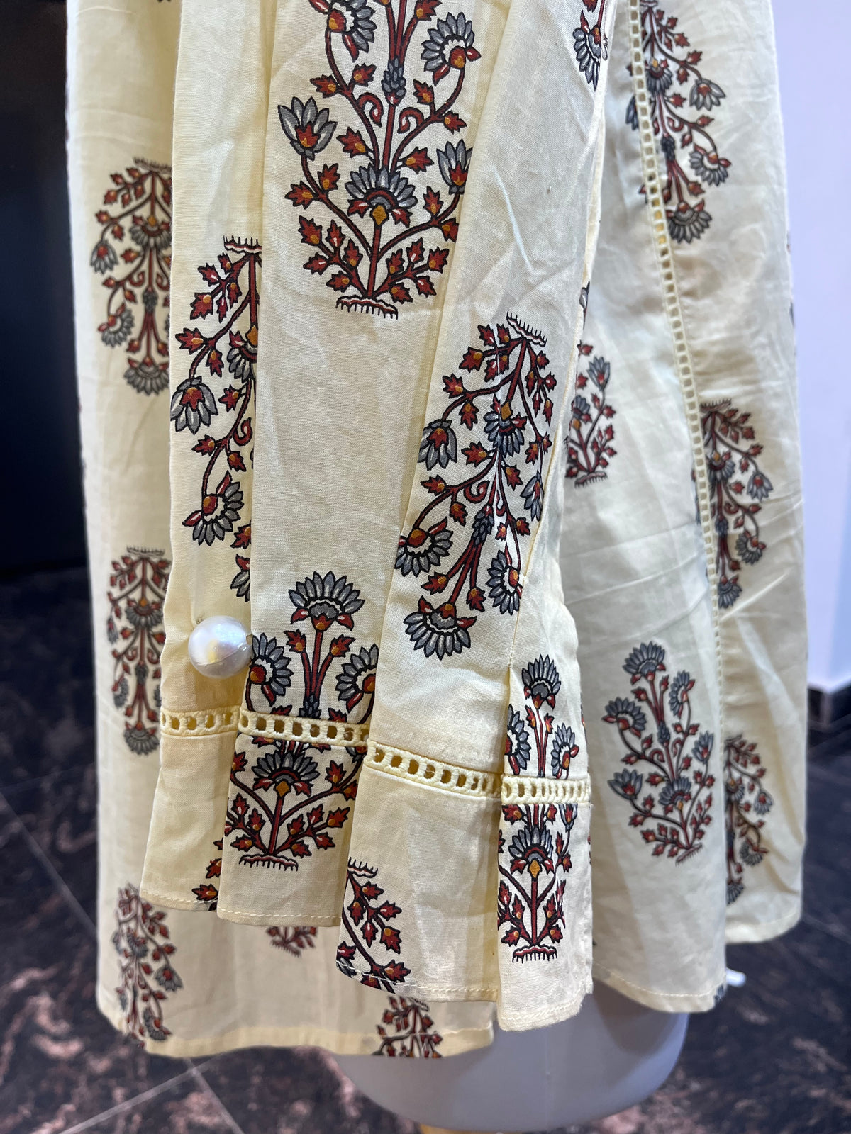 Full Sleeves Block Print Co-Ord Set With Culottes Pants And Beading Lace
