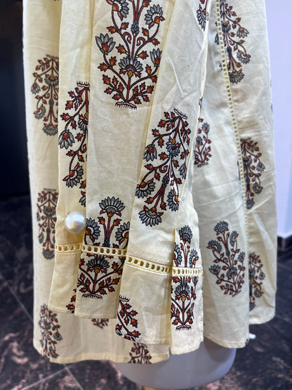Full Sleeves Block Print Co-Ord Set With Culottes Pants And Beading Lace