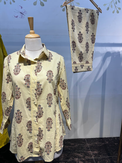 Full Sleeves Block Print Co-Ord Set With Culottes Pants And Beading Lace