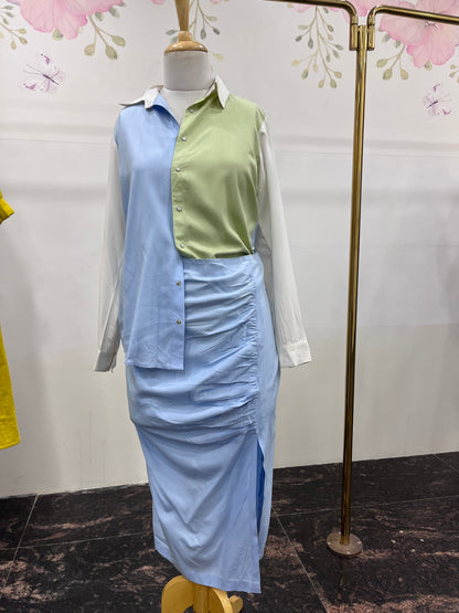 Fine Italian Cotton Ruched Skirt And Shirt Set