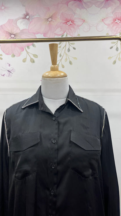 Formal Satin Shirt With Zircon Lace Detailing