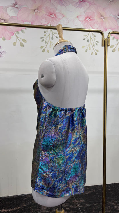 Holographic open Back Halter Neck Top
