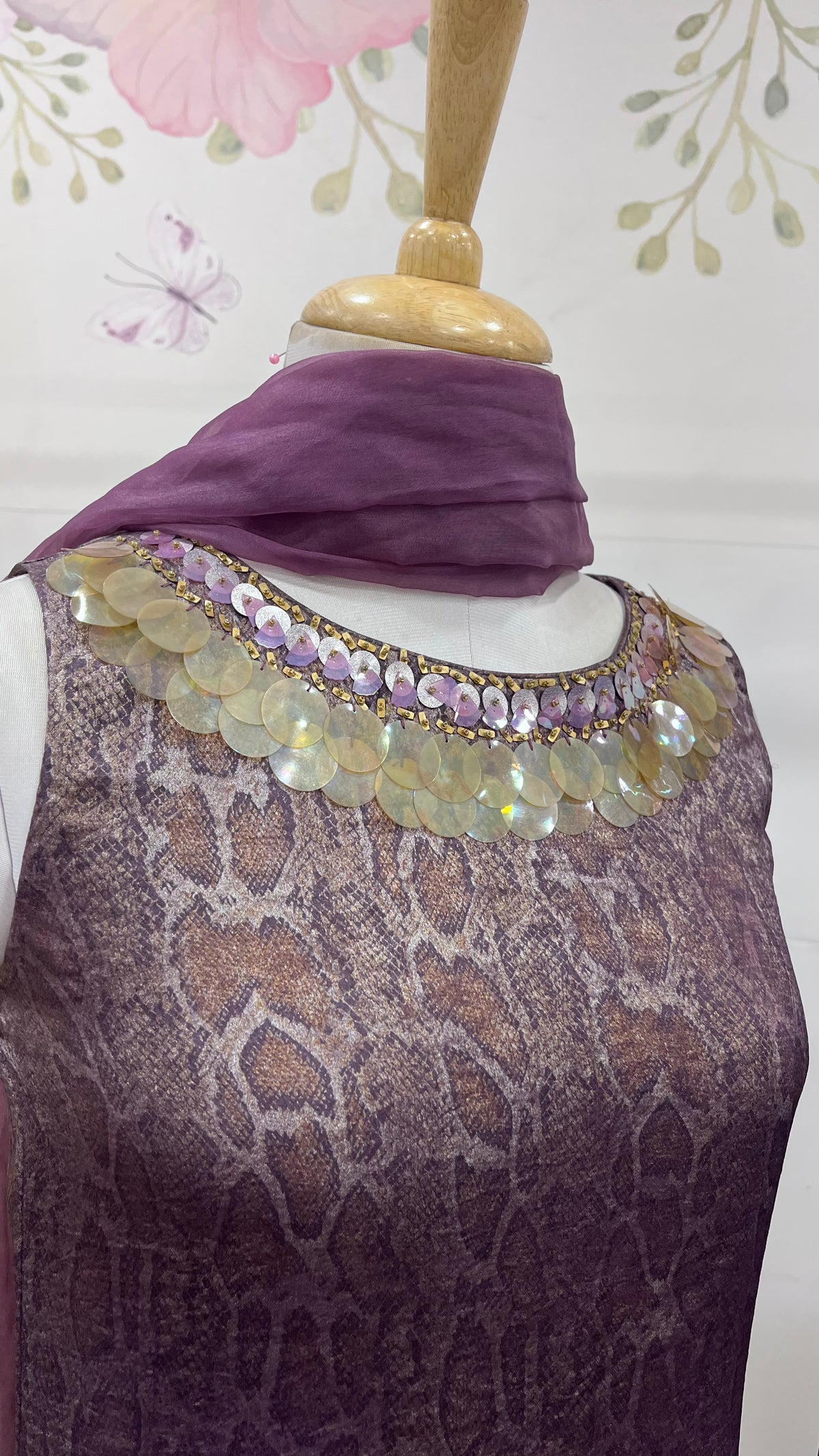 Detailed Purple Short Kurta With Farshi Salwar And Dupatta