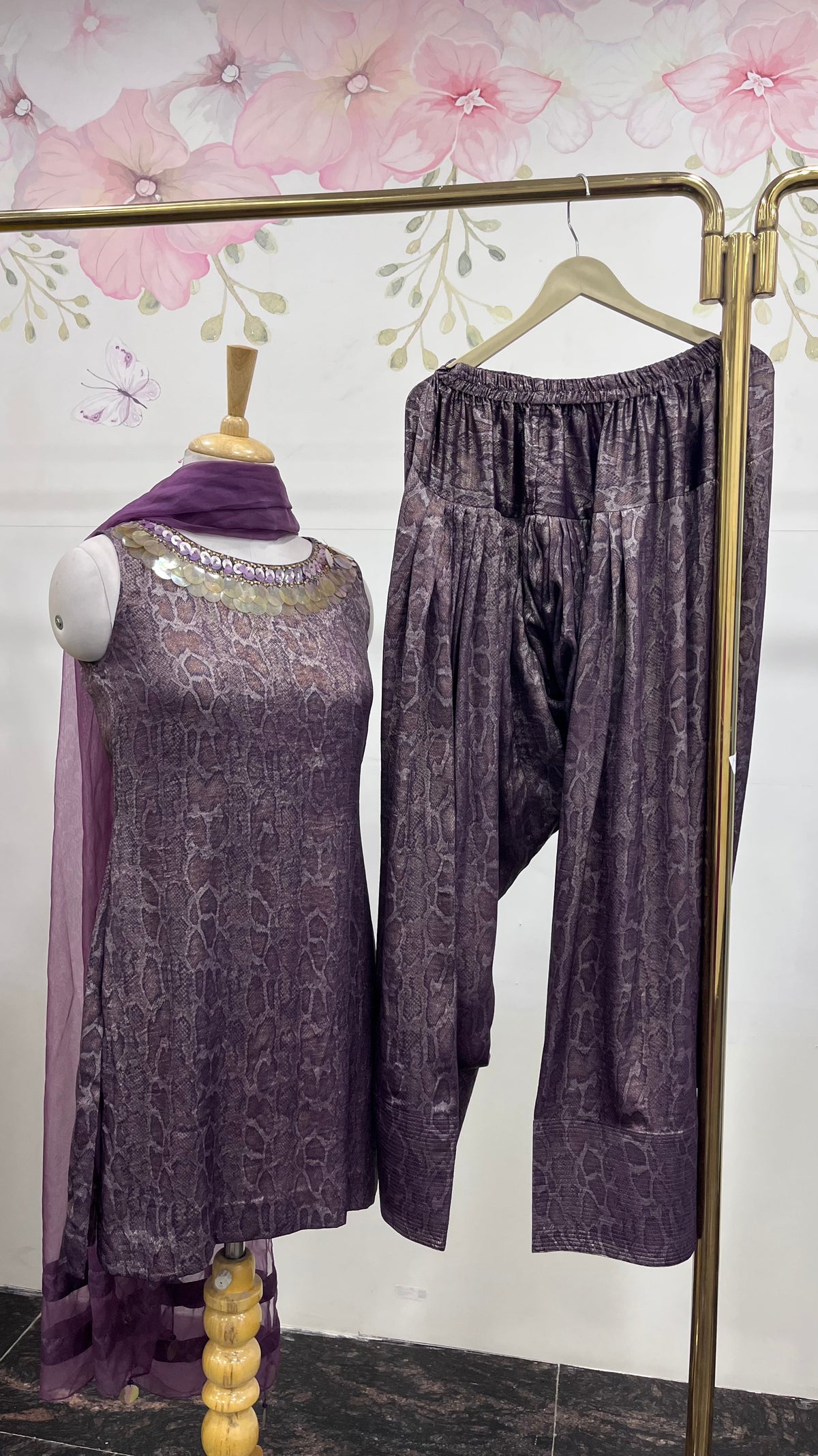 Detailed Purple Short Kurta With Farshi Salwar And Dupatta