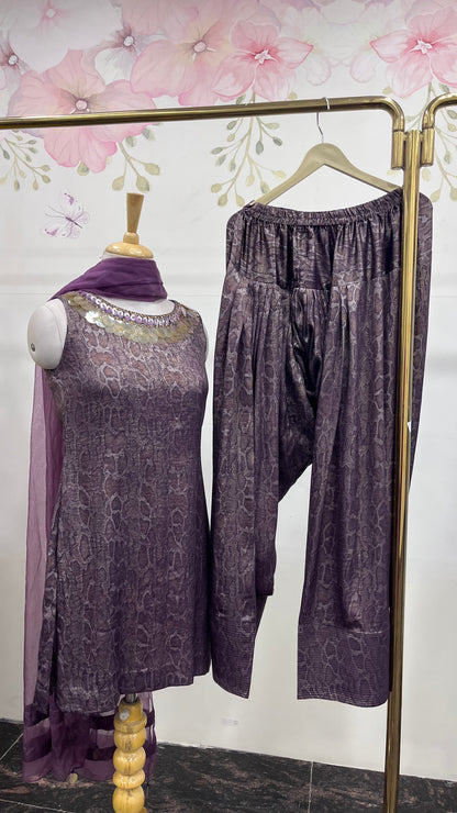 Detailed Purple Short Kurta With Farshi Salwar And Dupatta